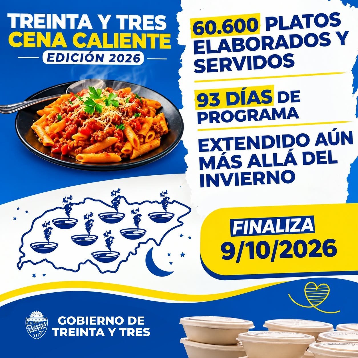 MÁS DE 60.000 PLATOS ENTREGADOS: TREINTA Y TRES CULMINA CON ÉXITO EL PROGRAMA CENA CALIENTE
